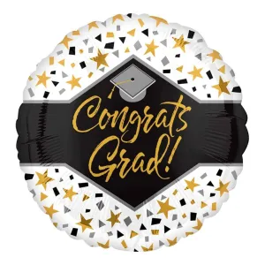 18" Congrats Grad Stars Confetti Graduation Mylar Balloon - Black, Silver, Gold