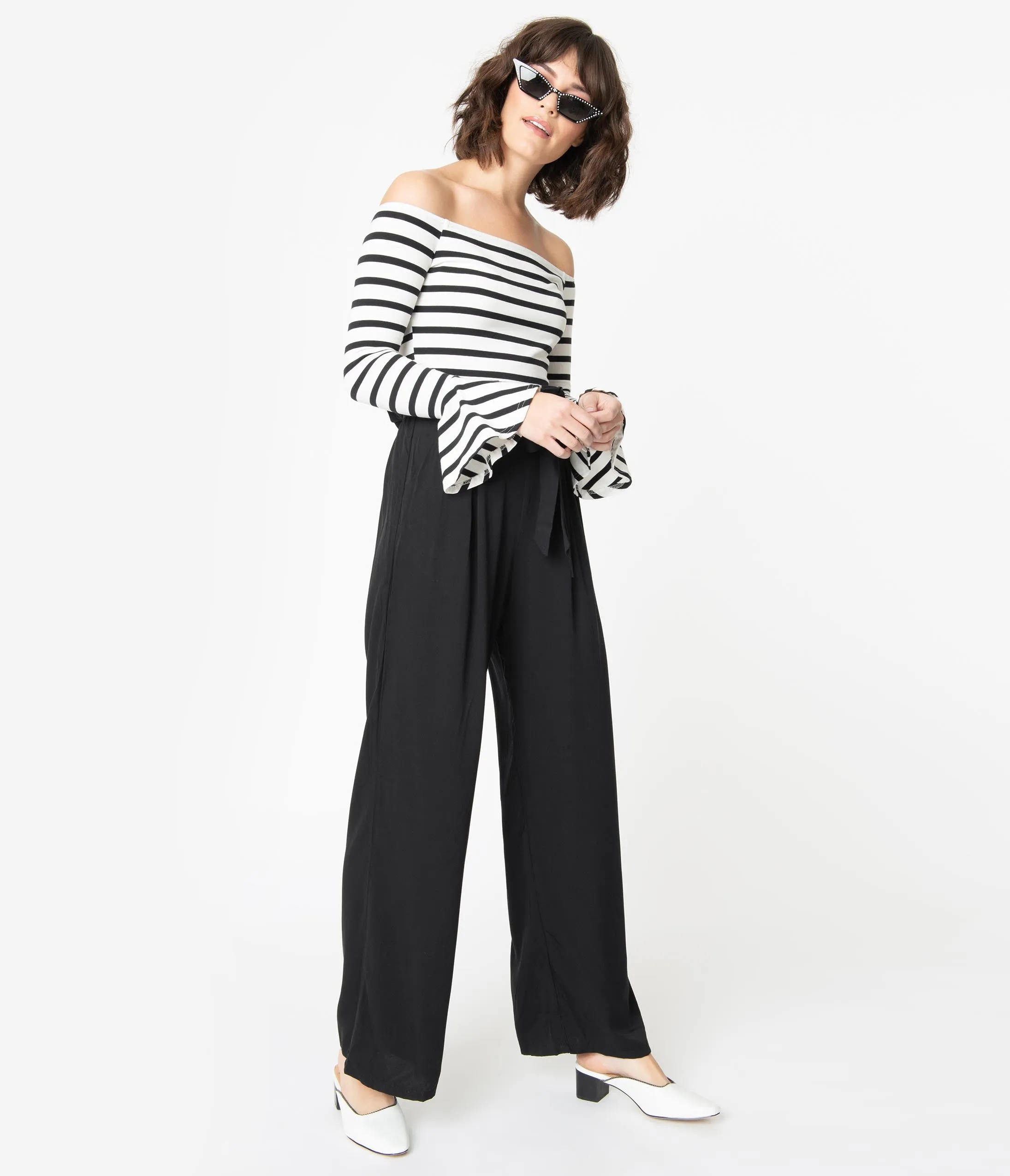 1970s Style Black & White Stripe Colorblock Jumpsuit