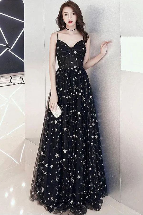 A-line Star Lace Beautiful Chic Black Long Prom Dress PSK173