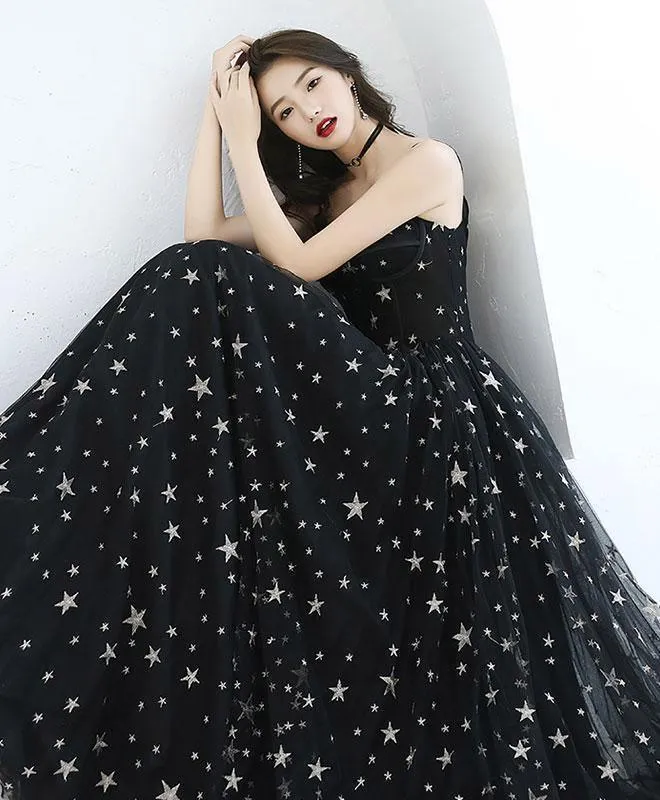 A-line Star Lace Beautiful Chic Black Long Prom Dress PSK173