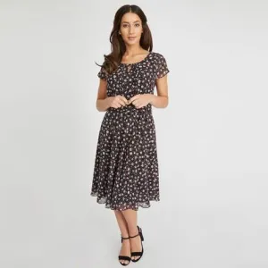 Black Ditsy Daisy Print Tea Dress