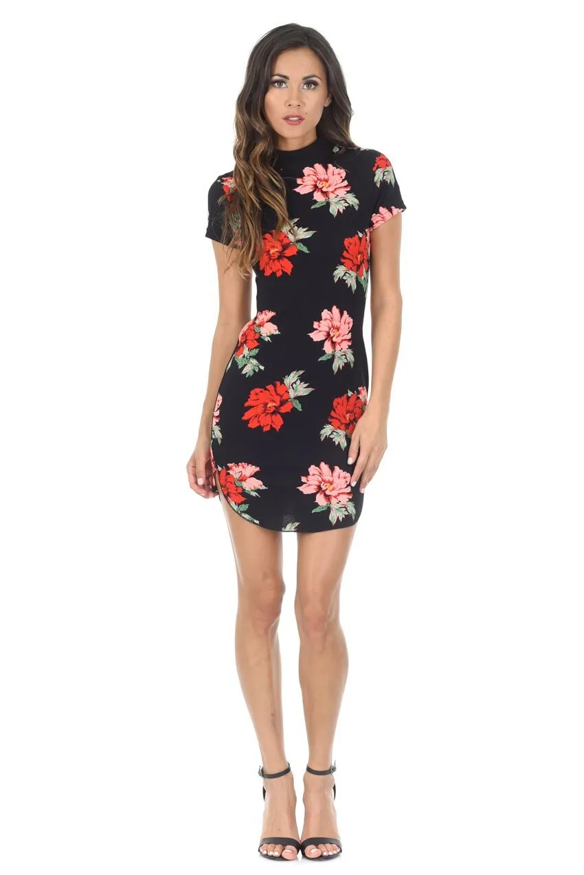 Black Floral High Neck Mini Dress