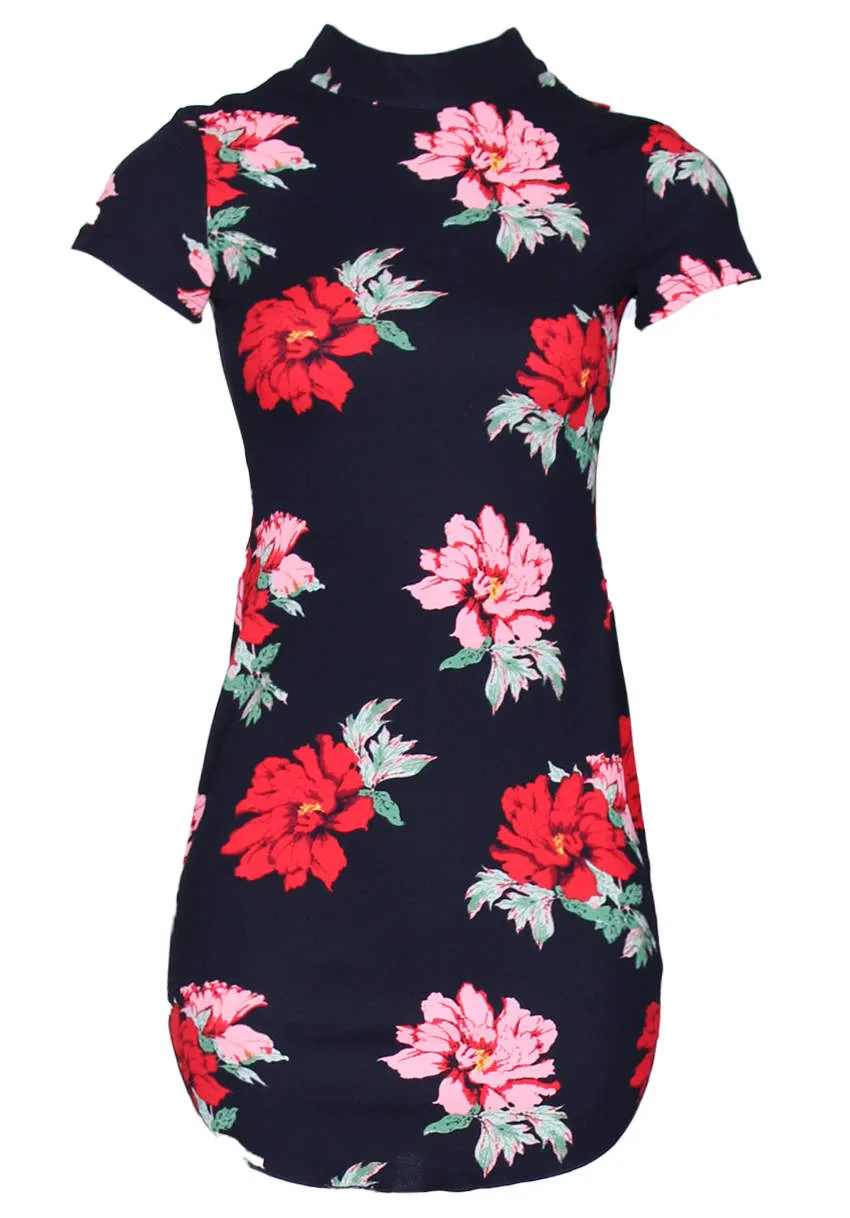 Black Floral High Neck Mini Dress