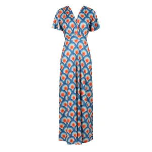 Blue Multi Geometric Print Waterfall Sleeve Wrapover Maxi Dress