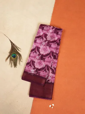 Burgundy Linen Cotton Saree With Floral Designs On the Body with Matching Border