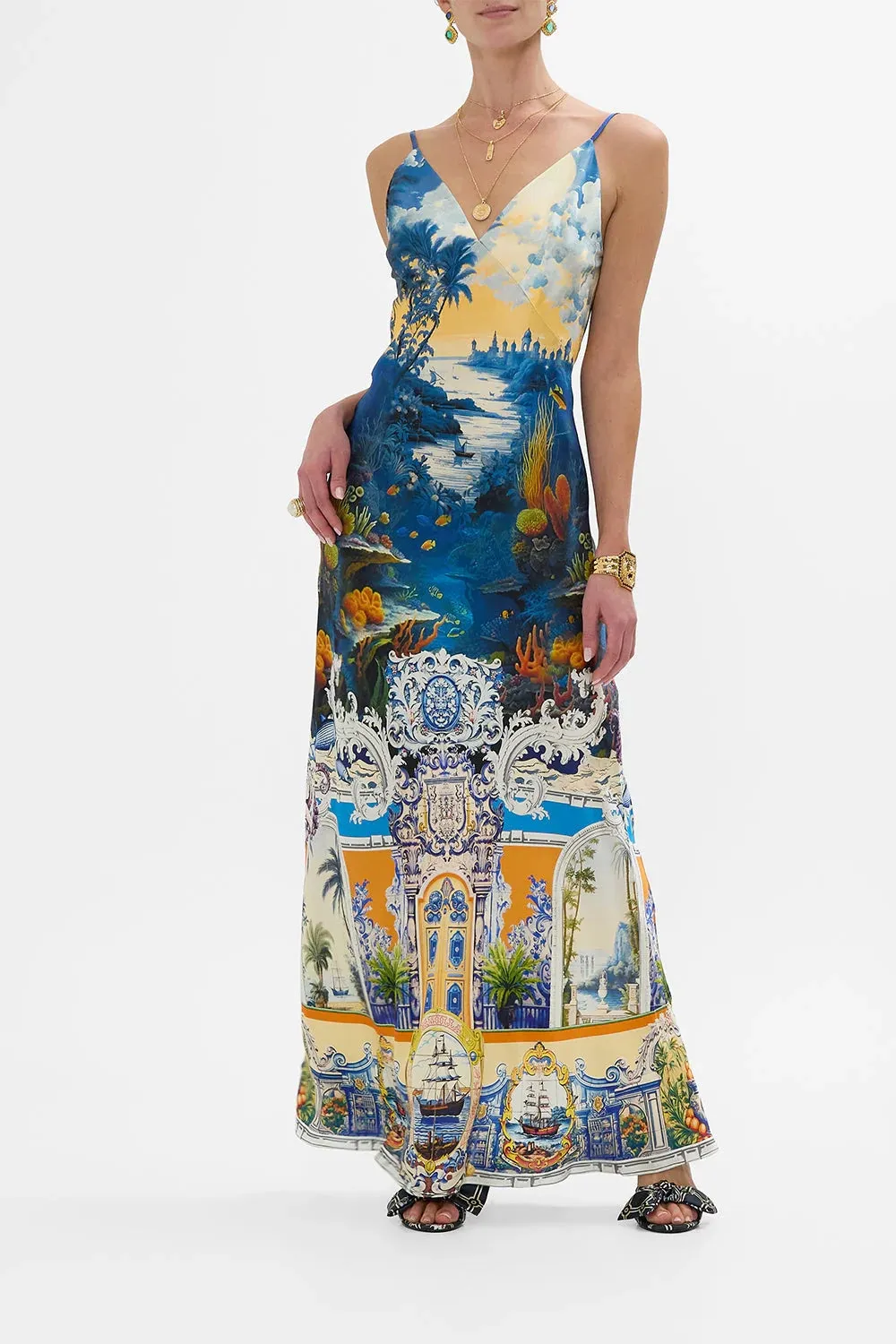 CAMILLA | SONG OF SAINT ANTHONY V NECK FULL LENGTH BIAS SLIP DRESS