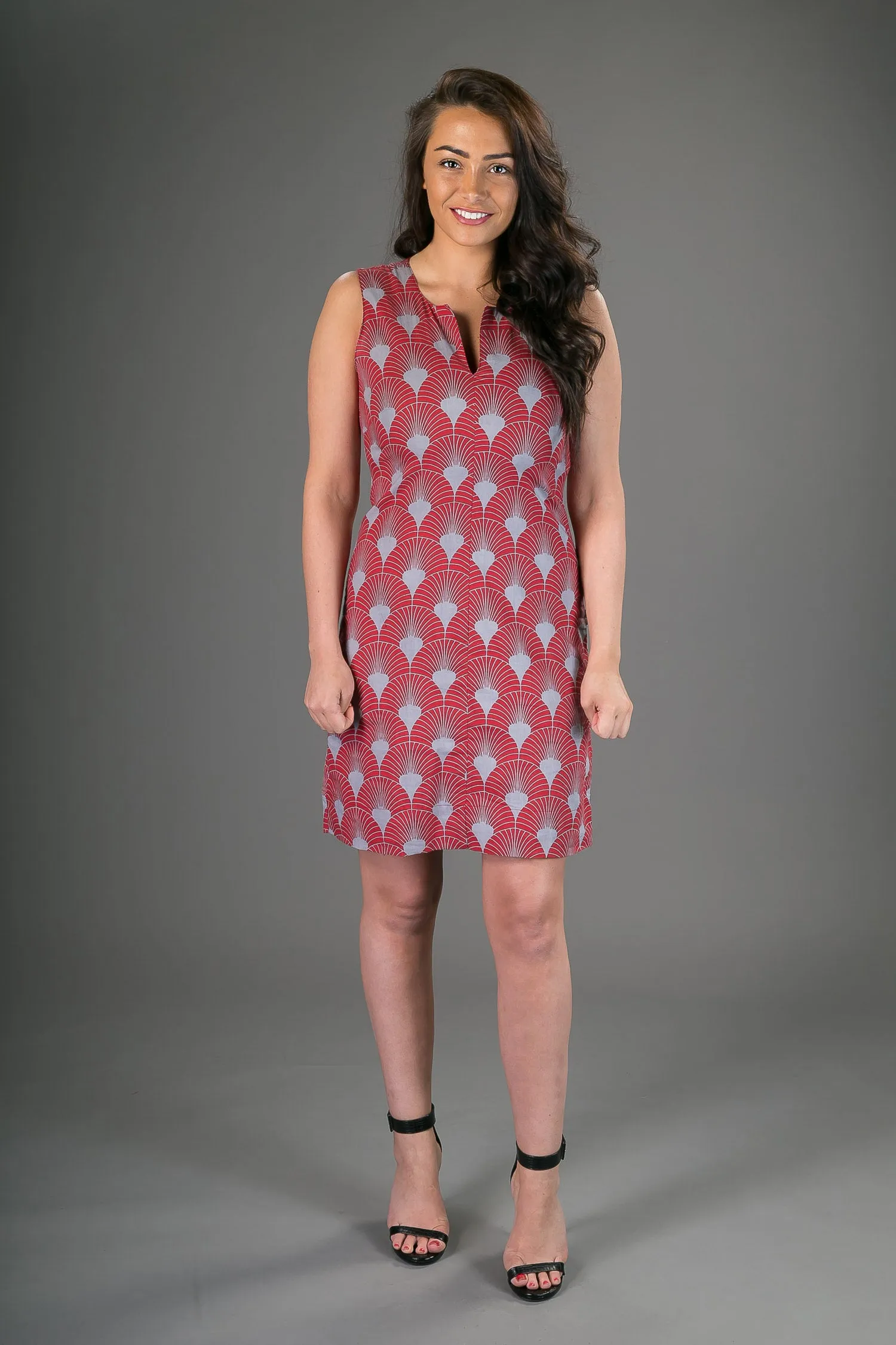 Classic Sheath Cotton Dress Red Grey Geometric Print