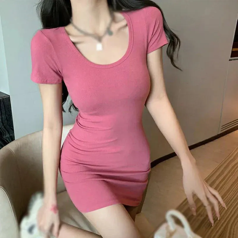 Color Solid Party All-match Summer Slim U-neck Fitting Sexy Club Dress