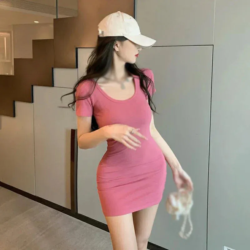 Color Solid Party All-match Summer Slim U-neck Fitting Sexy Club Dress