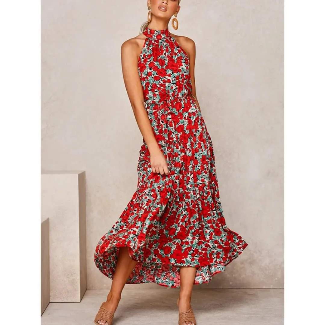 Floral Print Halter Dresses with Ankle-Length Silhouette