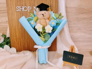 Graduation Bear with Small Flowers - Blue