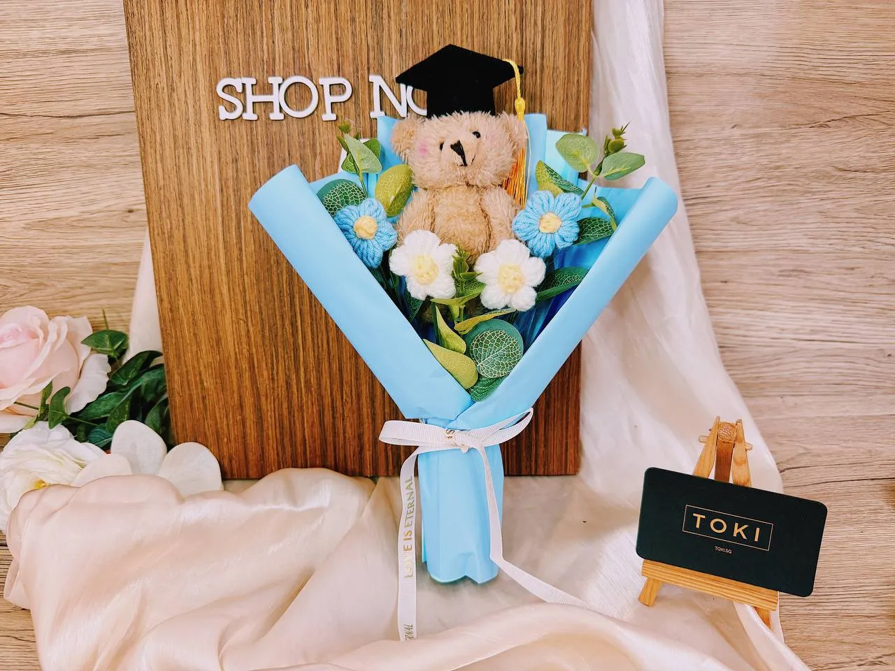 Graduation Bear with Small Flowers - Blue