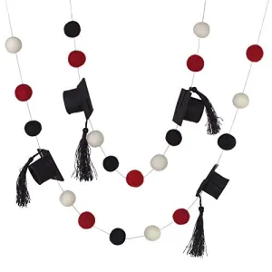 Graduation Cap Felt Garland- Red Black White with BLACK tassels