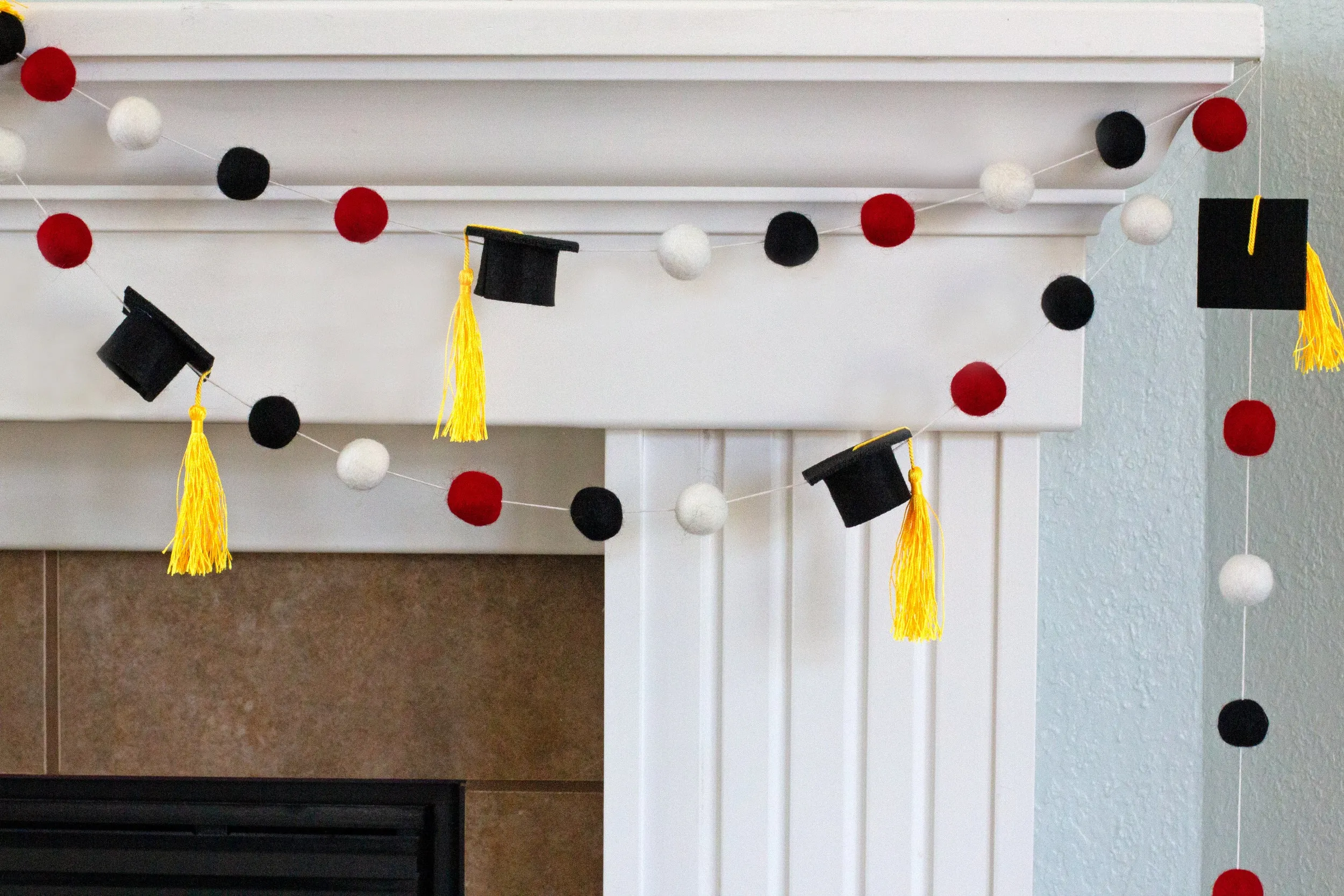 Graduation Cap Felt Garland- Red Black White with GOLD tassels