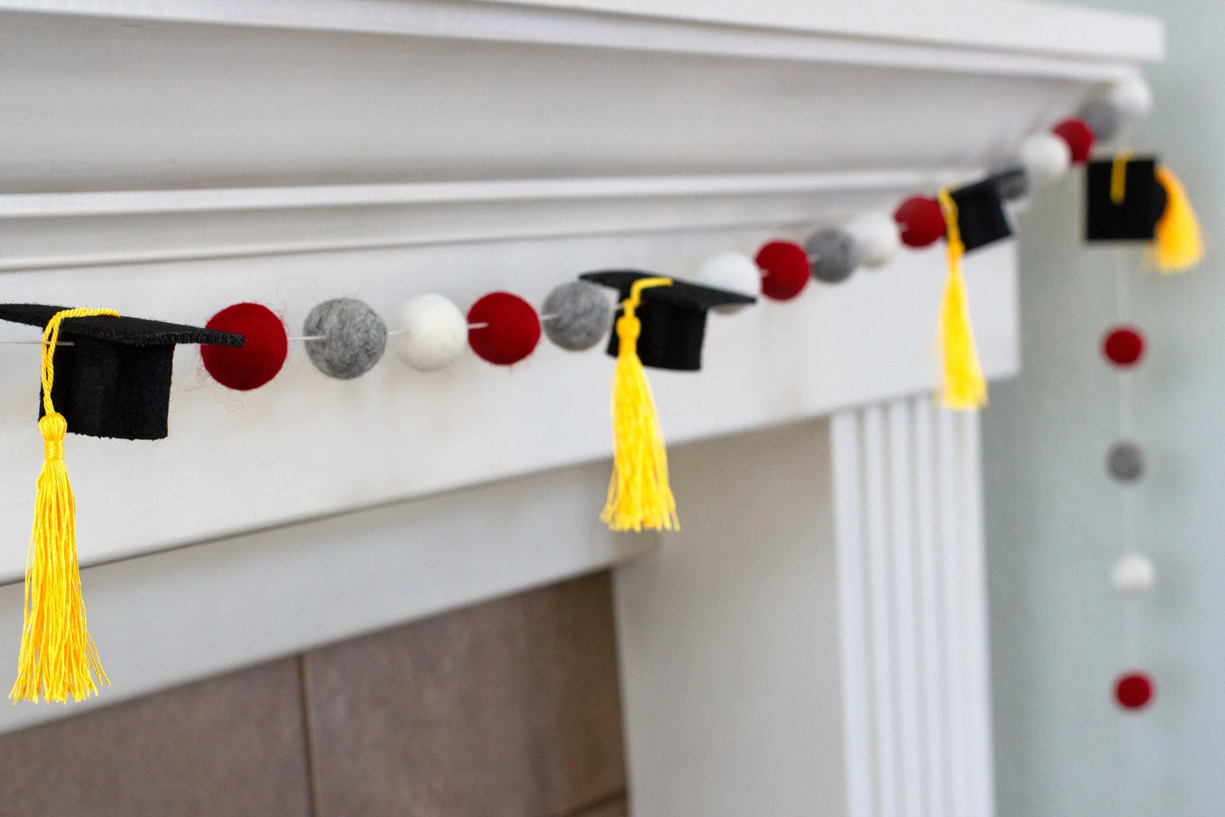 Graduation Cap Felt Garland- Red Gray White with GOLD tassels