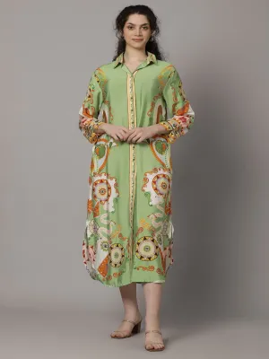 Green Digital Printed Premium Silk Dress