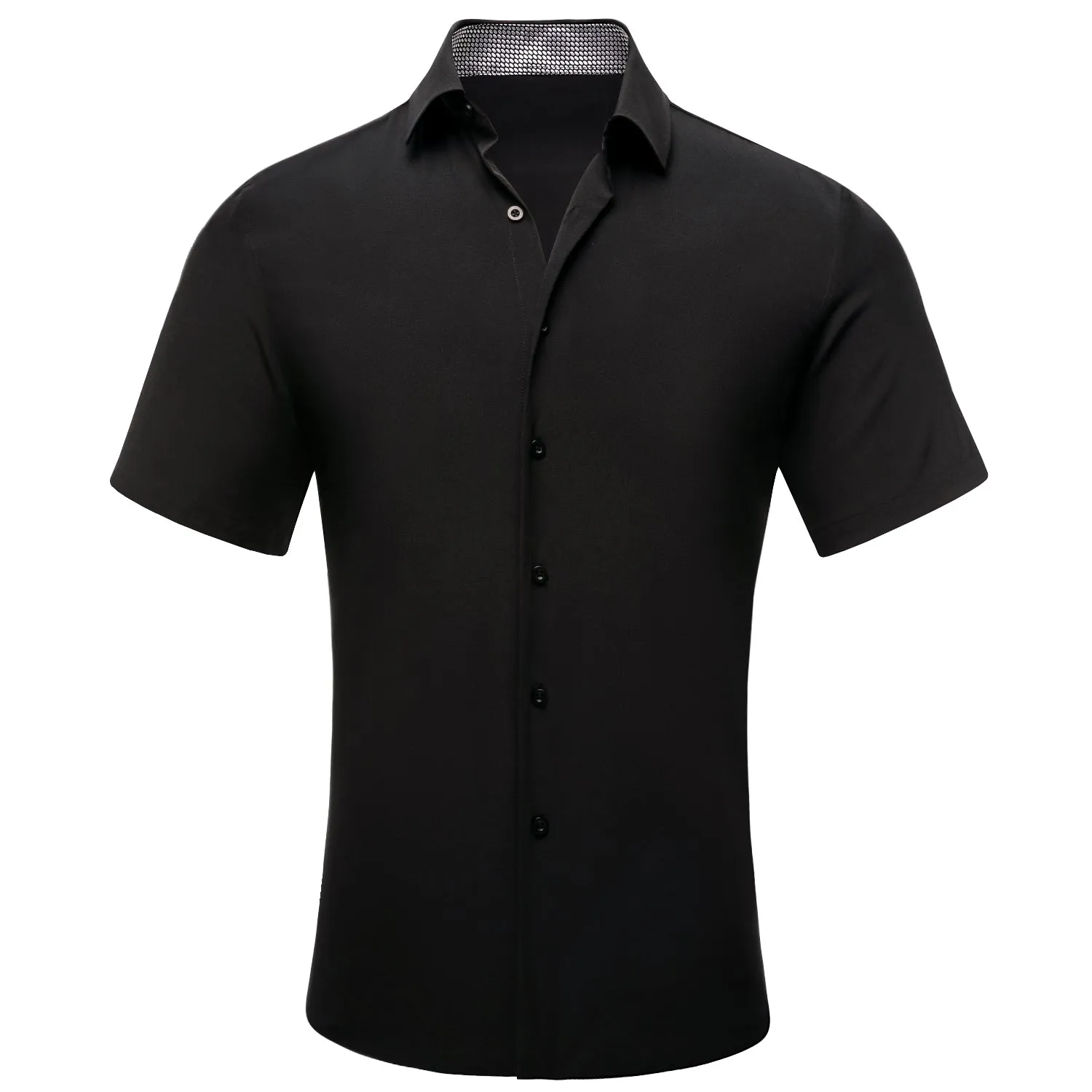 Hi-Tie Black Solid with Grey Collar Silk Men's Short Sleeve Shirt