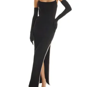 Lauraine Black Strapless Side Slit Maxi Dress with Gloves