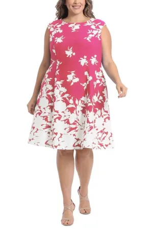 London Times Crew Neck Zipper Back Floral Print Fit & Flare Scuba Dress ( Plus Size )