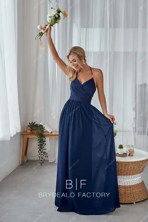 Navy Blue Chiffon Halter Neck Long A-line Simple Dress