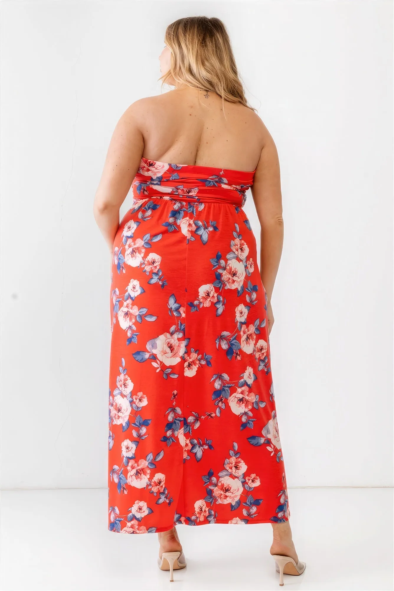 Plus Red Rose Print Ruched Strapless Midi Dress