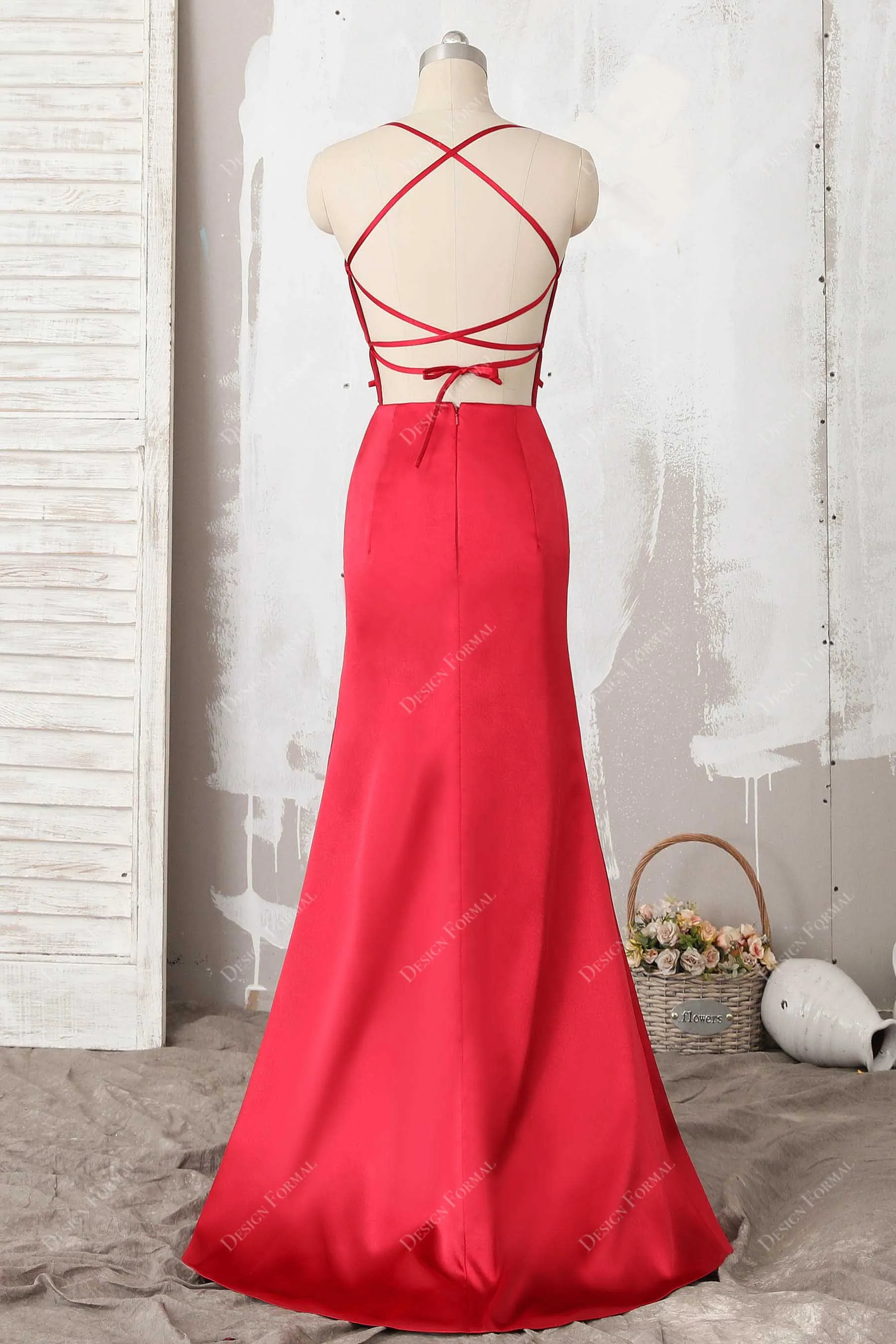 Red Satin Halter Strappy Back Sexy Slit Prom Simple Evening Dress