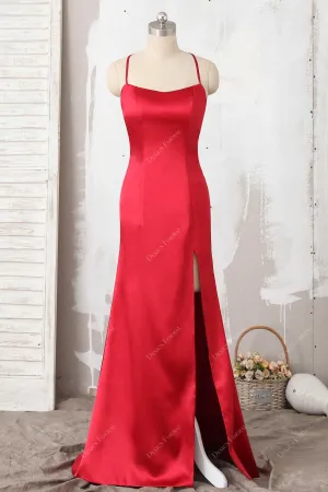 Red Satin Halter Strappy Back Sexy Slit Prom Simple Evening Dress