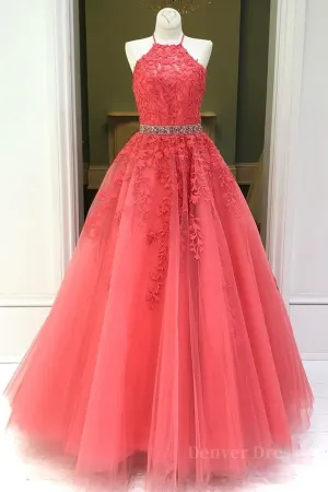 Stylish Backless Coral Lace Long Prom Dress Coral Lace Formal Graduation Evening Dress