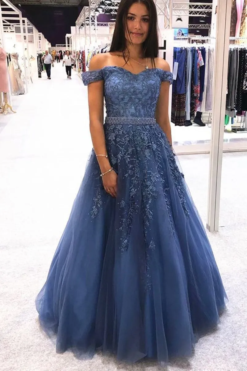 Stylish Off Shoulder Blue Lace Long Prom Dress 2020, Off the Shoulder Blue Formal Dress, Blue Lace Evening Dress