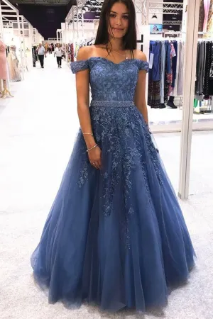 Stylish Off Shoulder Blue Lace Long Prom Dress 2020, Off the Shoulder Blue Formal Dress, Blue Lace Evening Dress