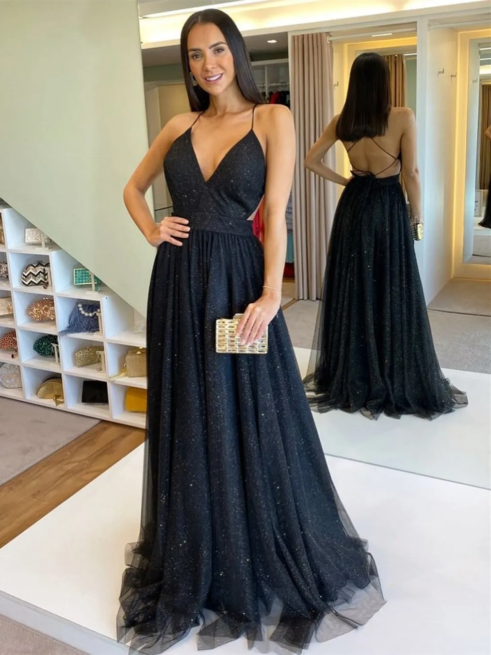 Stylish V Neck Backless Black Long Prom, Shiny Backless Black Formal Graduation Evening