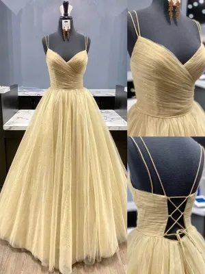 Stylish V Neck Backless Pleated Champagne Prom 2020, Shiny Open Back Champagne Formal Graduation Evening