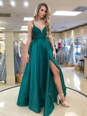 Stylish V Neck Green Long Prom with High Slit, V Neck Green Formal Graduation Evening