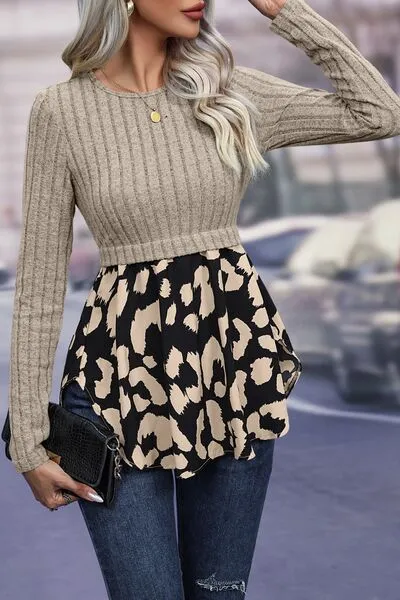 TEEK - Leopard Peplum Round Neck Blouse