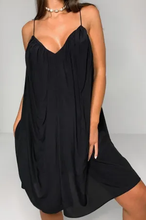 V neck Mini Flare Black Dress