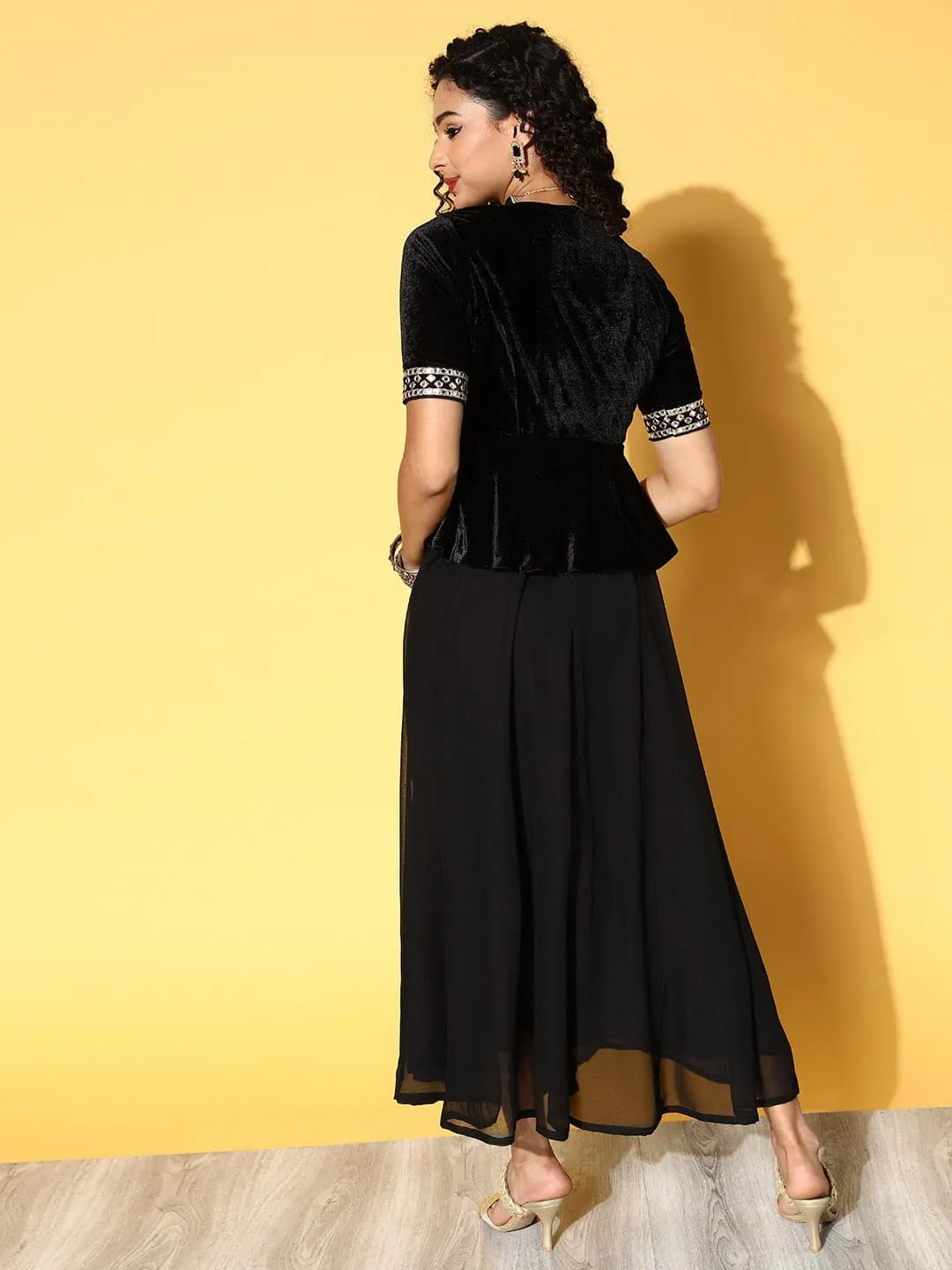 Women Black Embroidered Peplum Anarkali Maxi Dress