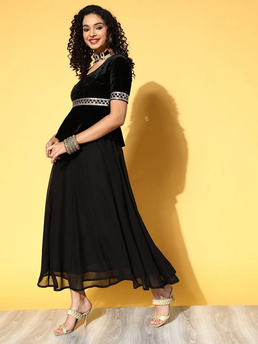 Women Black Embroidered Peplum Anarkali Maxi Dress