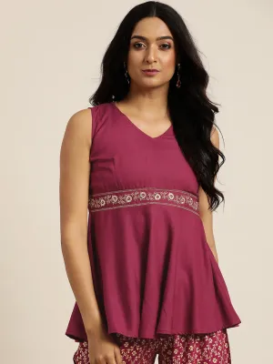 Women Burgundy Embroidered Liva Peplum Top