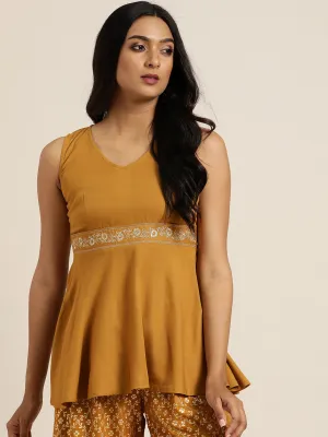 Women Mustard Embroidered Liva Peplum Top