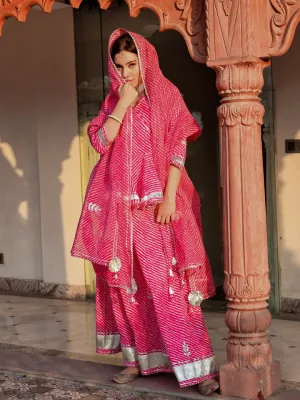 Women Pink Lehriya Lehenga Dupatta Set