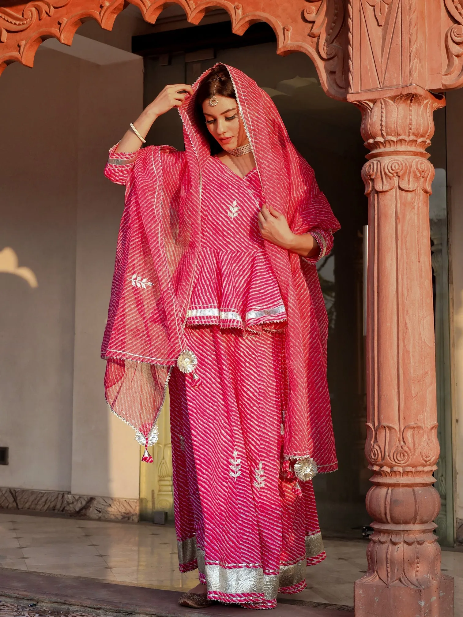 Women Pink Lehriya Lehenga Dupatta Set